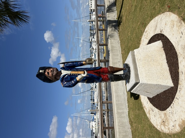 Pirate statue at the waterfront park overlooking the marina