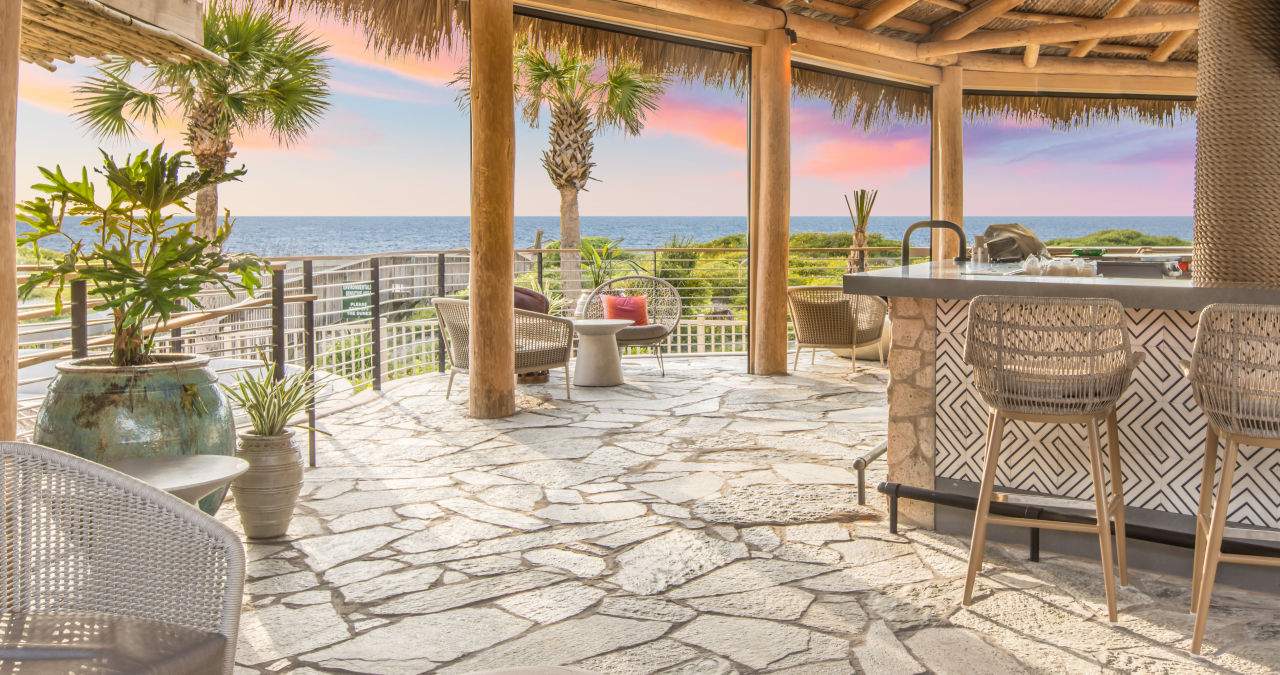 Oceanfront bar at sunset